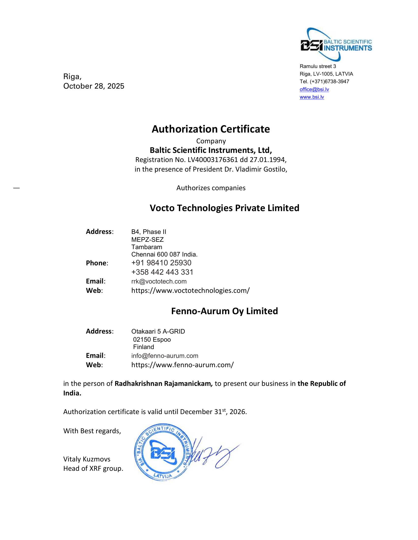 BSI Authorization Certificate  -  Vocto Technologies