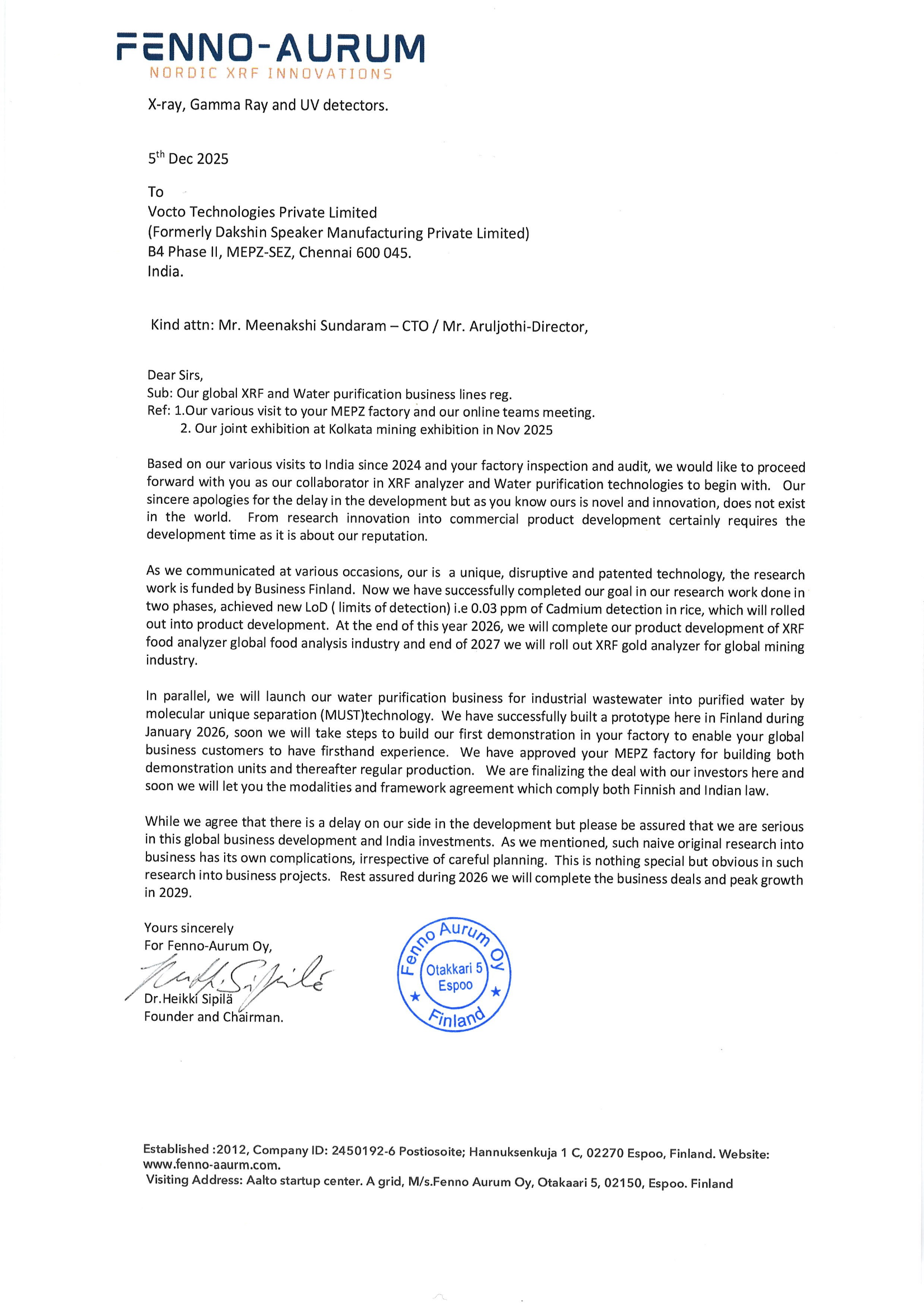 Fenno-Aurum Partnership Letter  -  Vocto Technologies