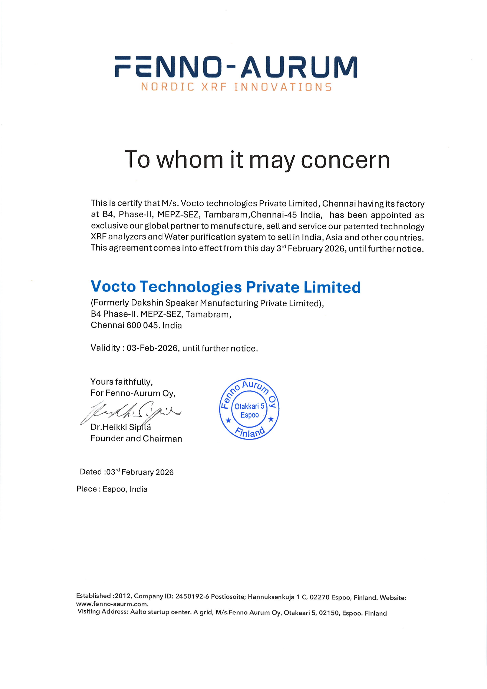 Fenno-Aurum Distributorship Certificate  -  Vocto Technologies